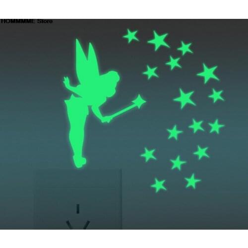 Luminous Switch Wall Stickers Glow in Dark Stars Fairy Glitter Wing Acrylic Decal F8 Tinker Sit Bell Fluorescent