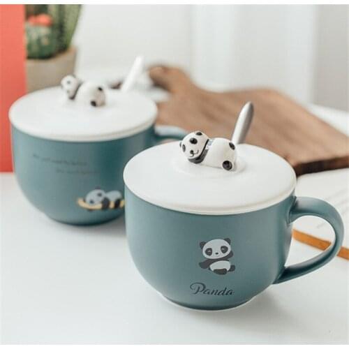 Ceramic Large Capacity Breakfast Milk Oatmeal Coffee Mug Cute Instant Noodle Cup with Lid and Spoon Cartoon Animal Teacups