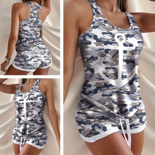 2 Pcs Summer Trendy Camouflage Anchor Print Sleeveless Womens Cami Top Drawstring Waist Shorts Set Two Piece Suits Sportswear