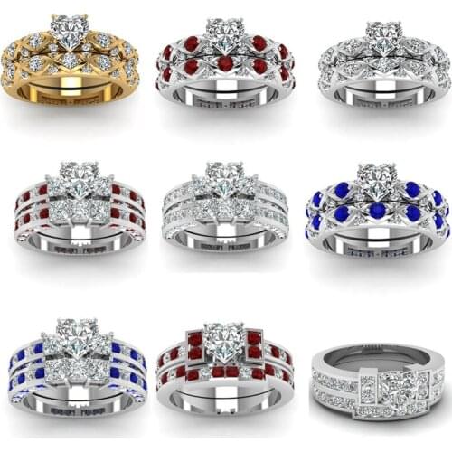 2021 Trendy Mixed Style Fashion Luxury Female Crystal Blue Red Gold Color Heart Zircon Ring Set For Women Wedding Bridal Jewelry