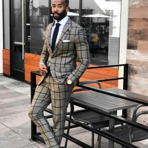 Grey Mens Suits Plaid Custom Made Two Pieces Double Handsome Peaked Lapel Blazer Business Jacket Pants