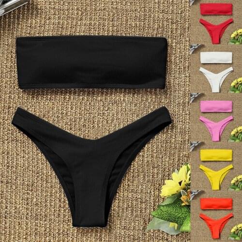 Women Bandeau Bandage Bikini Set Push-up Brazilian Swimwear Beachwear Swimsuit Ruched Biquini Top Wrap Bathing Suits Strap