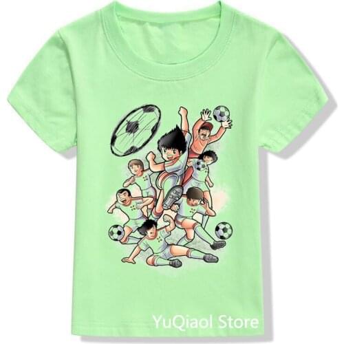Summer 2021 Childrens Clothes Captain Tsubasa T Shirt Fashion Kids Clothing Boys T-Shirt Green Top Short Sleeve from 2 to 13 Y