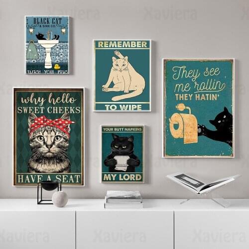 Cute Cartoon Black Cat Vintage Art Poster Aesthetic Nordic Retro Canvas Painting On The Wall Modern Home Decor Toilet Bathroom