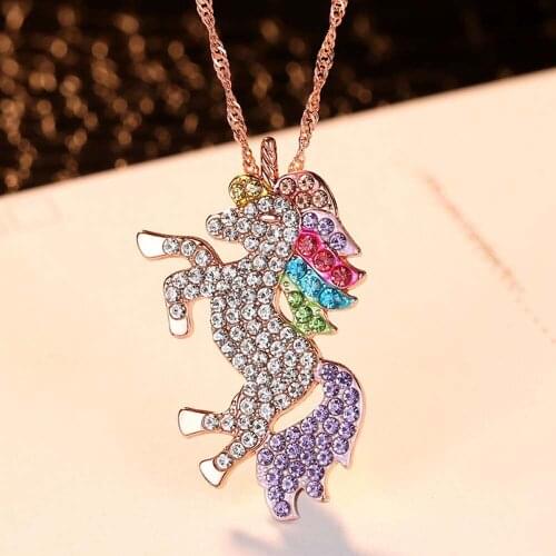 Trendy Necklace For Women Baby Gifts High Quality Unicorn Animal Crystal Necklace Girls Rainbow Necklaces & Pendants FCN144