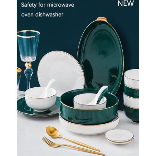 Green Porcelain Plate and Bowl Set Dinner Dishes Luxury Gold Inlay White Ceramic Plates for Food Tableware Set for restaurant