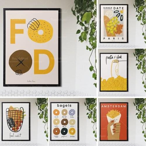 Kitchen wall art, Parisian food prints, pasta posters, bagel posters, Amsterdam fries, bakery food lovers gifts, restaurant deco