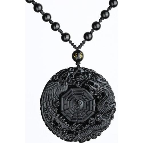 Natural Black Obsidian Pendant Taichi Dragon Phoenix Eight Trigrams YIN YANG Necklave Amulet Peace Mascot For Men/Women