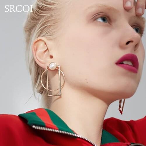 SRCOI Hollow Geometric Faux Pearl Stud Earing Women Metal Square And Round Circle Pearls For Jewelry Making Fashion Unique Gifts