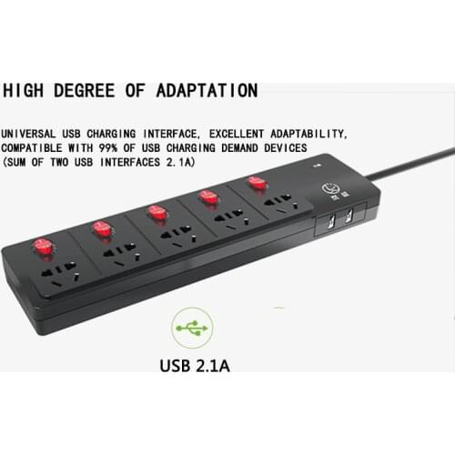AU Plug Independent Switch Power Strip Surge Protector 5 AC Outlets 2 USB Port 2500W 1.8M Extension Cord Home Office for Phones