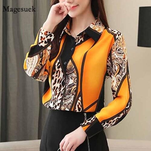Elegant Printing Leopard Korean Style Vintage 2020 Clothing Chiffon Blouses Women Long Sleeve Shirts Button Ladies Tops 8092 50