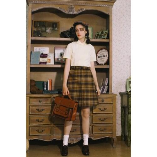 Movie Flipped Style Vintage Womens Light Yellow Peter Pan Collar Short Sleeve Shirt Blouse & Brown Plaid Check Skirt Cosplay