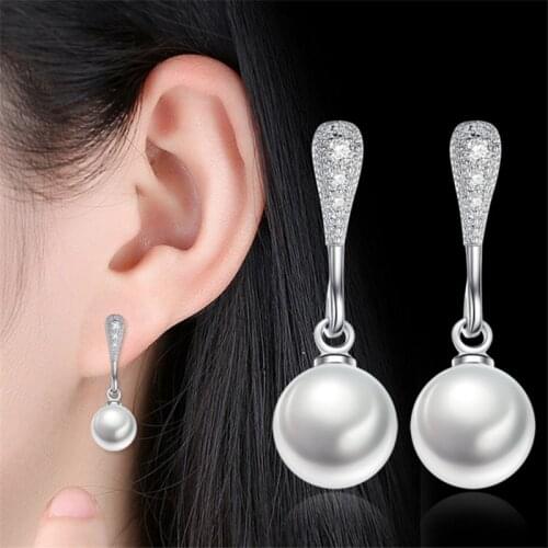 1 Pair Womens Elegant Water Drop Shape Inlaid AAA Zircon Pearl Dangle Ear Stud Earrings Ladies Fashion Jewelry E0614