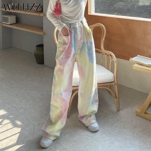 WITHZZ Spring Summer Womans Loose Straight Wide Leg Pants Colorful Denim Female Jeans