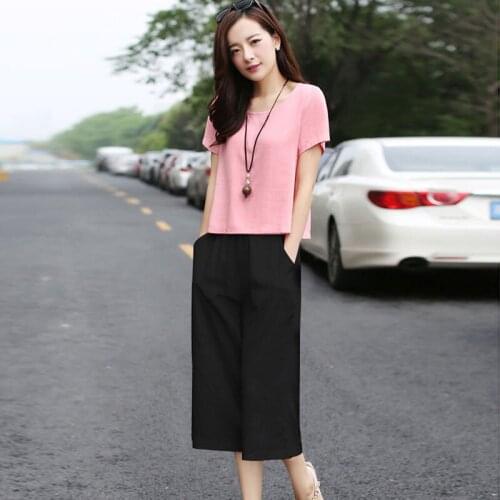 Women 2021 Summer New Fashion Two-piece Sets Female O-neck Pullover Loose Tops Ladies Solid Color Wide-leg Pants Suits K142