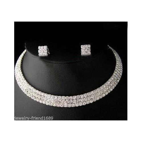 Womens gift Jewelry word Zircon Natural Fine Latest Jewelry Wedding/Bridal 3 rows crystal necklace earrings sets