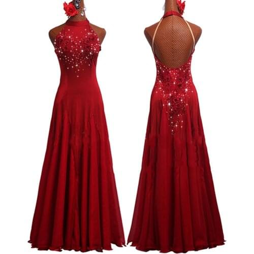 2020 Standard Ballroom Dance Red Stage Dress Sleeve Ribbon Customized Kids Tango Waltz Dress For Dance Competition Clothes 254