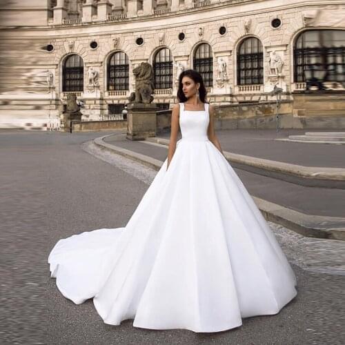 2020 Square Collar Sleeveless Satin Court Train A-line Wedding Dresses Back Lace With Bow Wedding Gowns vestido de noiva