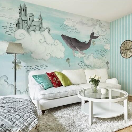 Bacaz Painted Castle Shark Cloud 3d Cartoon 3d Wall Photo Murals Wallpaper for Kids Child Room Large Papel Mural 3d Wall Mural