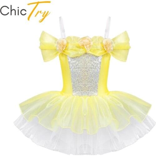 ChicTry Children Girls Off Shoulder Ballet Tutu Dress Kids Flowers Sequins Gymnastics Ballet Leotard Stage Party Dance Costume
