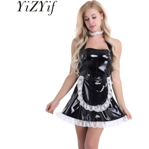 Women French Maid Dress Cosplay Costume Wet Look Maidservant Outfits Halter Babydoll Dress Anime Role play Sissy Maid Uniform