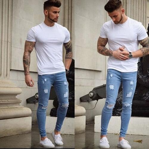 2019 Mens Ankle Length Slim Jeans Pants Summer Ripped Pencil Pants Trousers Casual Denim Skinny Mens Jeans