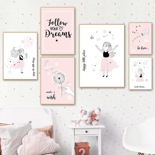 Pink Baby Girl Poster Nursery Wall Art Print Dandelion Kite Canvas Prints Children Wall Painting Pictures Nordic Kids Room Decor