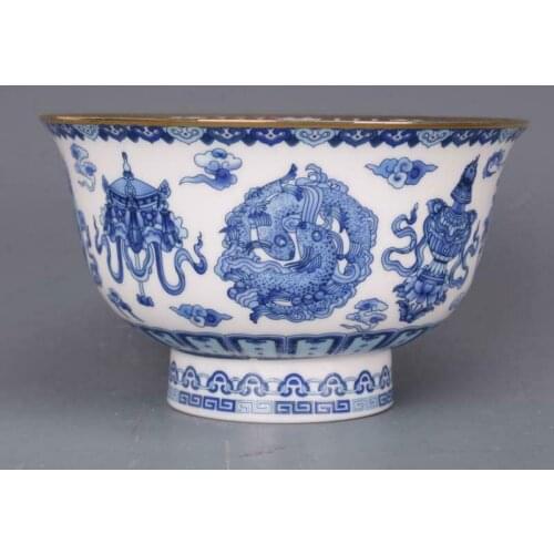 Chinese Jingdezhen Porcelain Blue and White 8 Auspicious Symbol Bowl