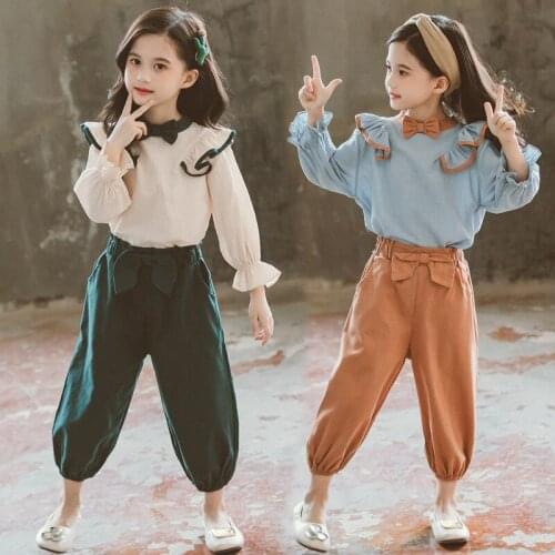 Teenage girl dress suit autumn girl suit bow tie shirt + pants school kid girl clothes girl suit 3-14Y clothing