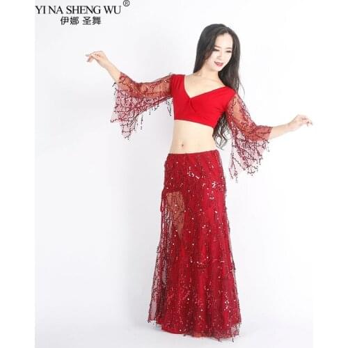 Shinny Sequin Tassel Belly Dance Performance Costume Sexy 2 Piece Top Split Skirt Practice Costume Stage Performace Show Clothes