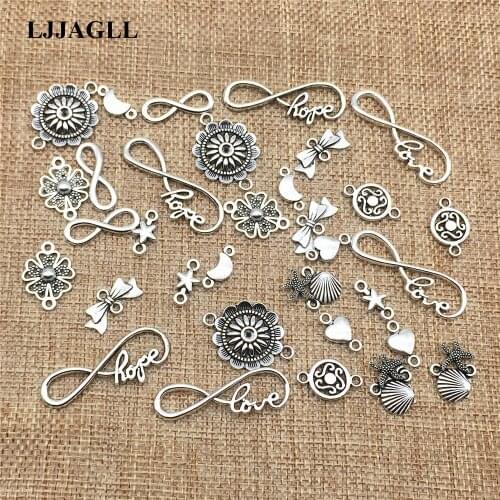 LJJAGLL Metal Alloy 20Pcs/lot Mixed Types Silver Plated LOVE Flower Charms Bracelet Necklace Connectors Diy Hand Make ALJQ020