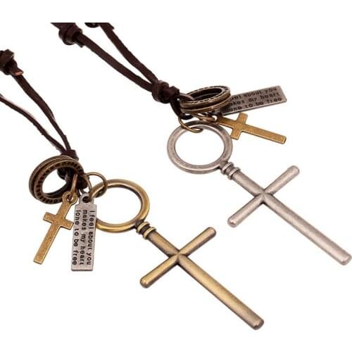 Fashion Vintage Cross Long Necklace Chain Alloy Charm Adjustable Rope Leather Pendant Statement for Retro Women Men Jewelry Gift