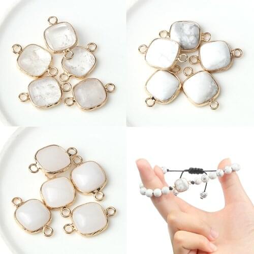 Natural Clear Quartz White Crystal Square Edging White Turquoise Pendants Double Hole Connectors For Jewelry Making DIY Bracelet