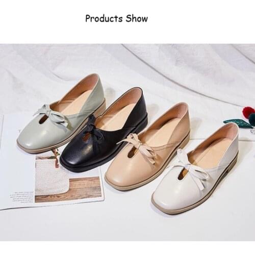 New Korean version leather granny shoes low heel shallow mouth casual bow womens shoes