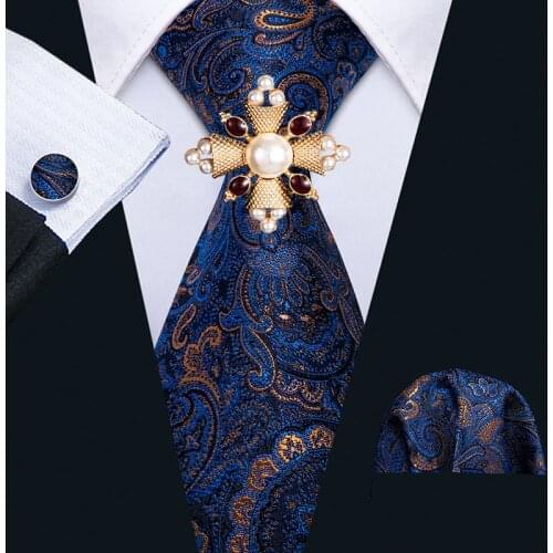 New Men Silk Blue Floral Tie Handkerchief Cufflinks Brooch Set Paisley Neck Tie Designer Wedding Tie Gift for Men Barry.Wang