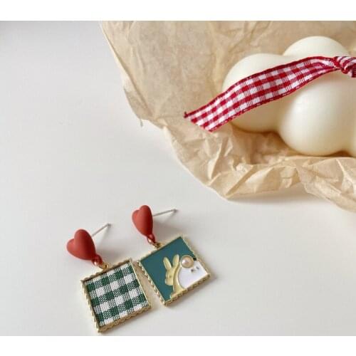 Origin Summer Asymmetric Rabbit Pattern Plaid Earrings for Women Green Enamel Square Hanging Dangle Earrings Summer Pendientes