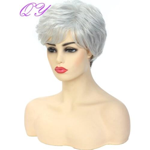 QY Hair Fashion Short Natrual Curly Wig Silver Grey Color Wig Synthetic for Women Grandma Wigs