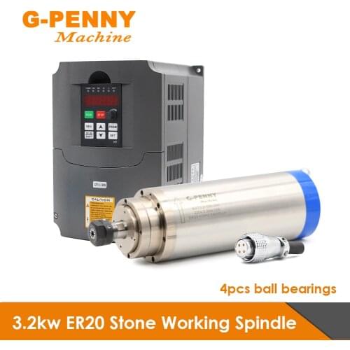 3.2kw ER20 Water Cooled Spindle 4pcs ceramic ball bearings stone working spindle 0.01mm Accuracy& 4.0kw HUANYANG Inverter VFD