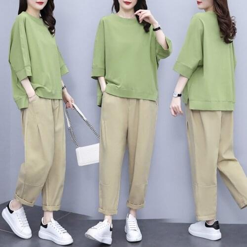 Tracksuit 2021 Summer Khaki Women Set Loose Short Sleeve Top Shirt And Long Pants Bottom Two Piece Set Home Casual Outfit Suit