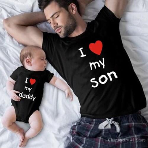 I Love My Son/daddy Funny Father and Son Matching Family Outfits Cotton Black Baby Bodysuit+mens Tshirt Family Matching Clothes