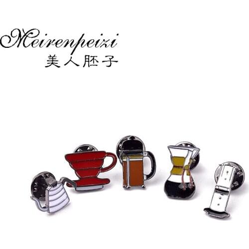 1Set Lapel Pins Brooches For Women Coffee Tools Filter Pot Enamel Pins Collar Shirt Bag Hat Jewelry Coffee Lovers Memorial Gifts