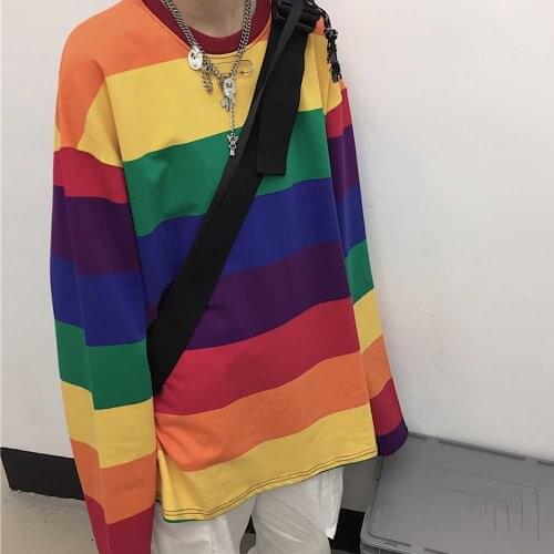 2020 Chic Rainbow Striped Printed Loose T-shirts Women Autumn Fashion Loose Tee Tops Oversized M-4XL WDC5898