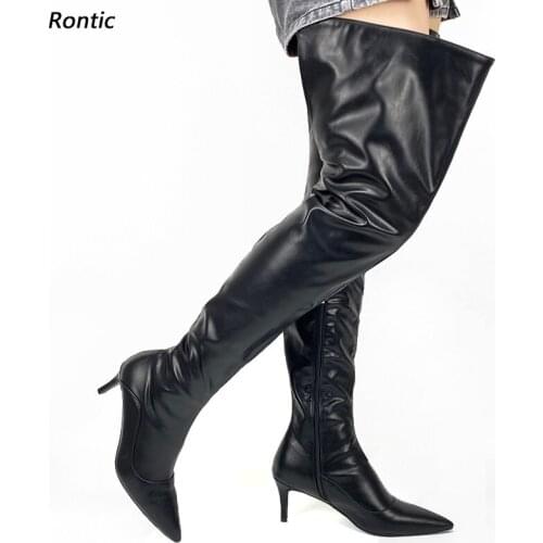Rontic Handmade Women Winter Thigh Boots Side Zipper 7.5 Cm Slim Heels Pointed Toe Elegant Black Party Dress Shoes US Size 5-15