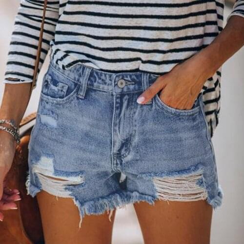 High Waist Denim Shorts Women Korean Solid Cuffed Tassels Ripped Holes Blue Jeans Shorts Sexy Club Hot Shorts