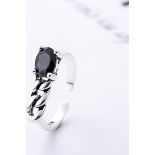 Sole Memory Retro Thai Silver Obsidian Chain Shape 925 Sterling Silver Female Resizable Opening Rings SRI280