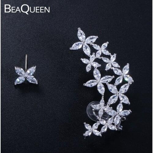 BeaQueen Famous Brand Korean Design Cubic Zircon Four Leaf Flower Ear Cuff Stud Earrings Fashion Jewelry for Women E241