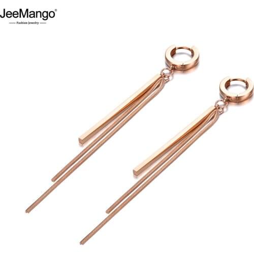 JeeMango Simple Rose Gold Long Strip & Chain Tassel Earrings For Women Girls Titanium Steel Bohemia Party Hoop Earrings JE19228