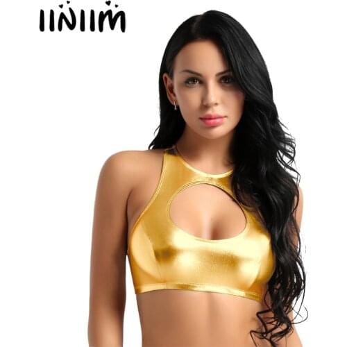 Womens Ladies Summer Shiny Faux Leather Wetlook Cut Out Crop Tops Dancewear Sexy Clubwear Costumes Female Clothing Vest Tanks