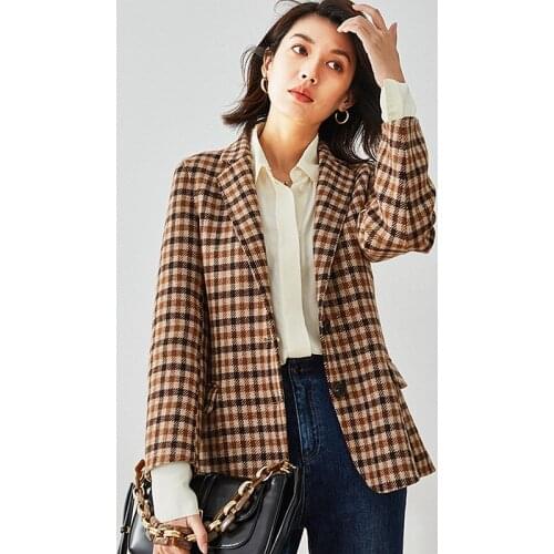 Blazers Women 100% Wool Plaid Classic Design Patch Pockets Single-breasted Ladies Coat Vintage Design Mujer New Fashion