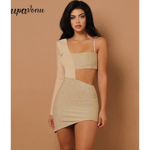 Free Shipping 2021 New Womens Summer Dress Sexy One Shoulder Long Sleeve Hollow Bodycon Celebrity Club Night Party Mini Vestido